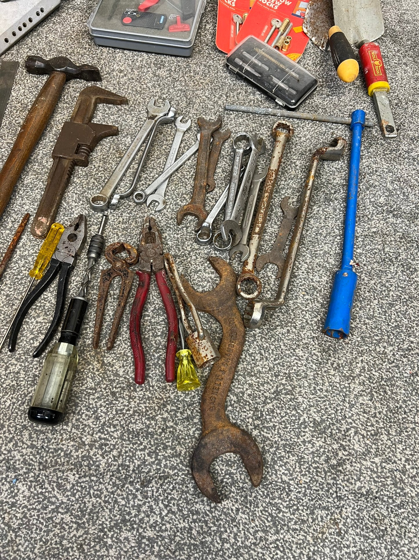 Job Lot of Old Garage Tools Vintage Rustic Spanners Hand Drill Screwdrivers etc.