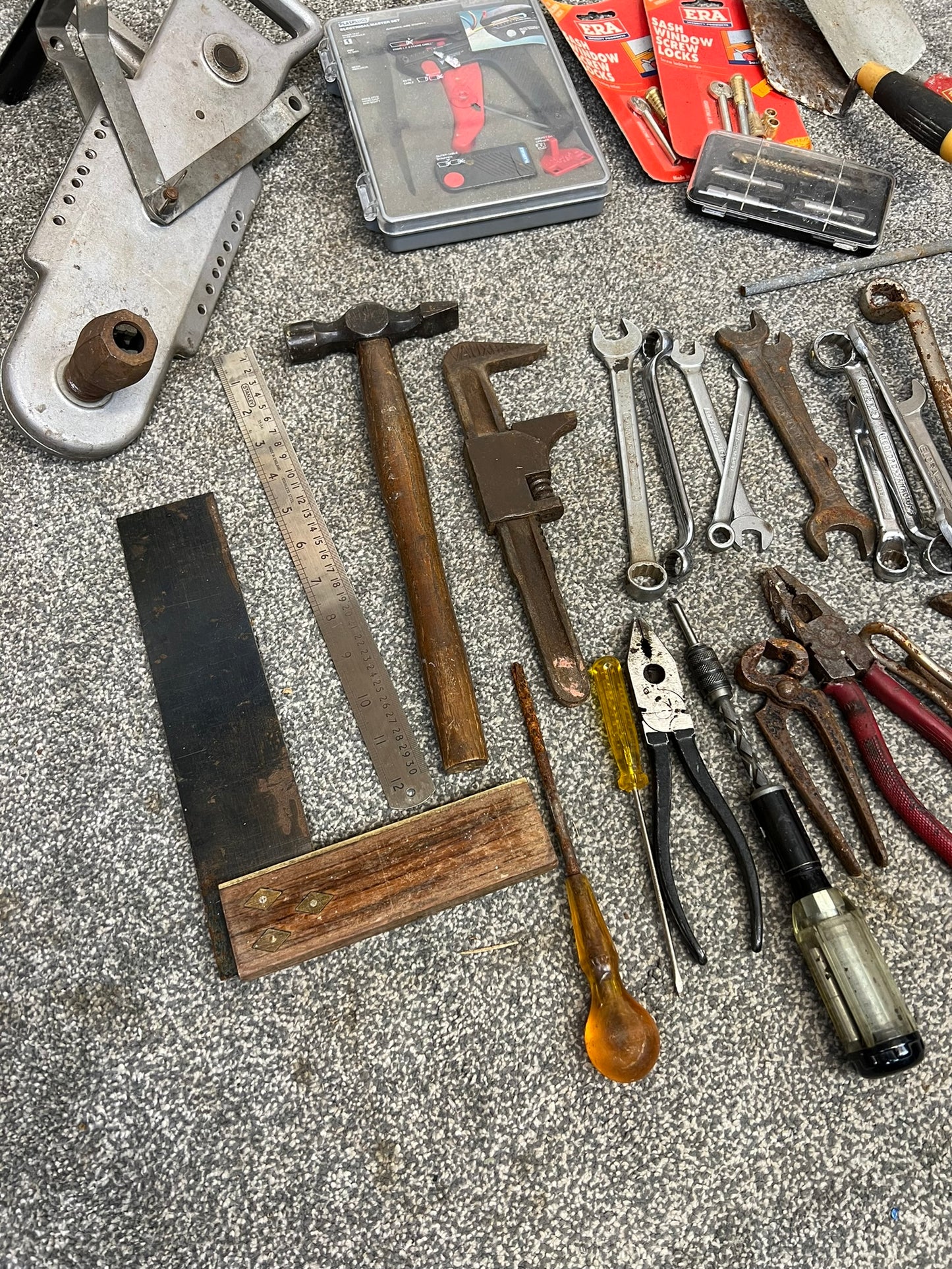 Job Lot of Old Garage Tools Vintage Rustic Spanners Hand Drill Screwdrivers etc.