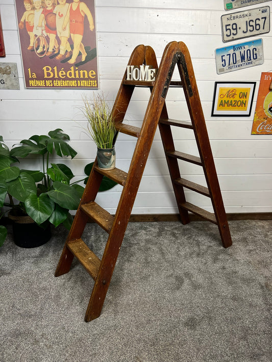 Vintage Wooden Step Ladder Double Sided Waxed Rustic Library Farm Decor Display