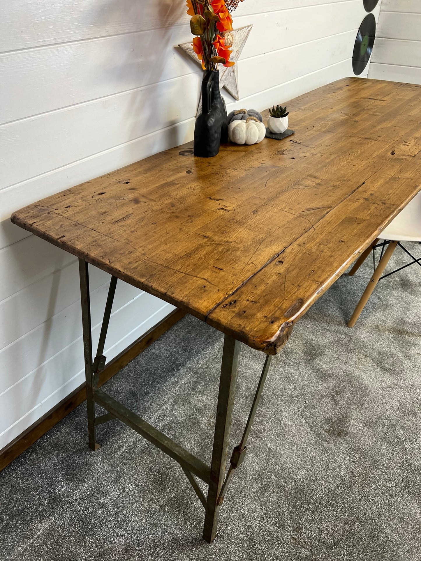 Vintage Wooden Folding Trestle Table Rustic Industrial Farmhouse Dining Desk Garden Catering Market Stall