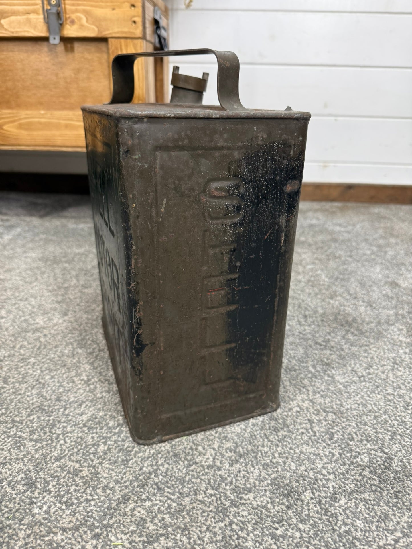 Vintage Shell Motor Spirit Petrol Can with Shell Brass Cap Dated 1949