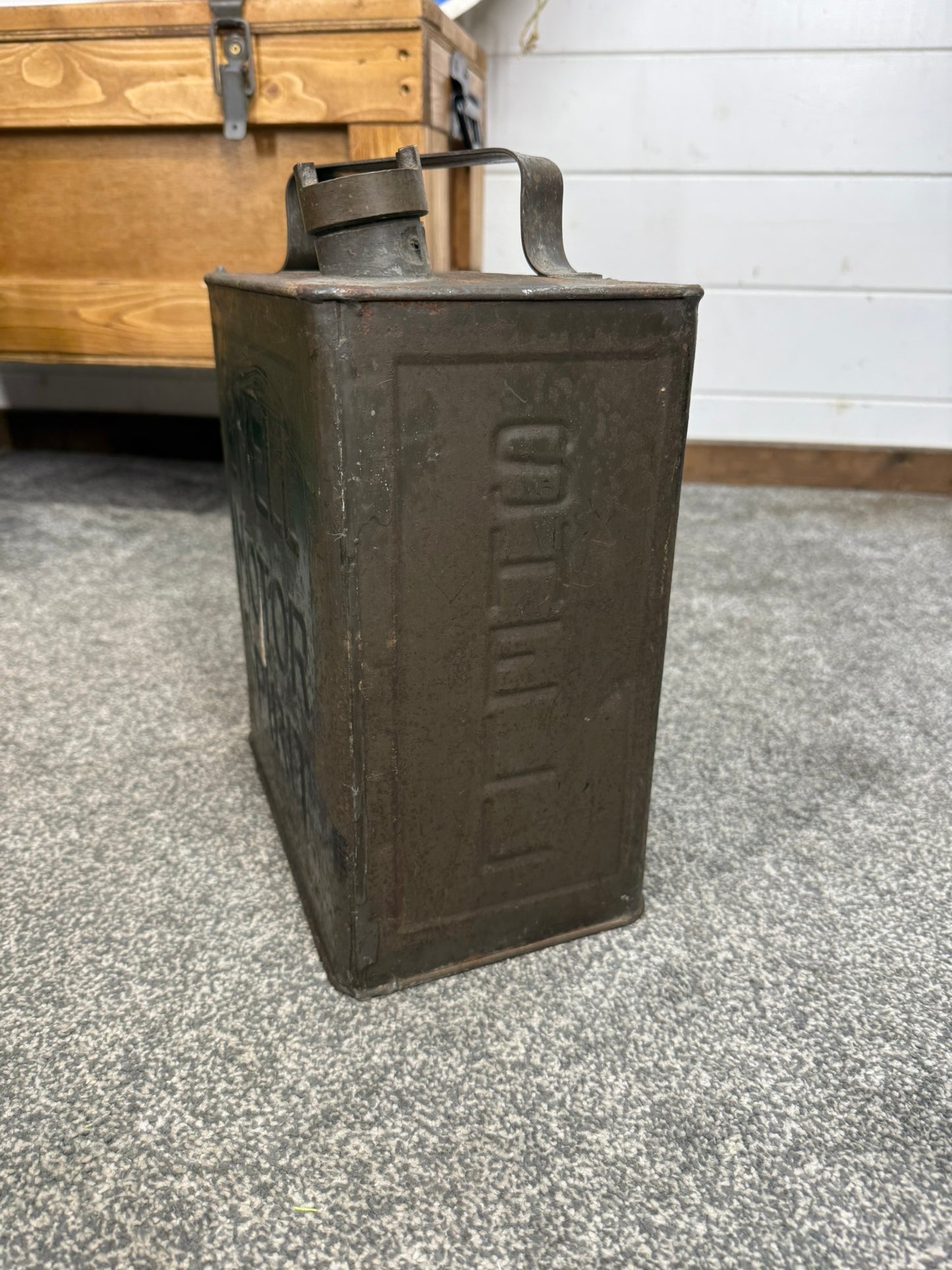 Vintage Shell Motor Spirit Petrol Can with Shell Brass Cap Dated 1949
