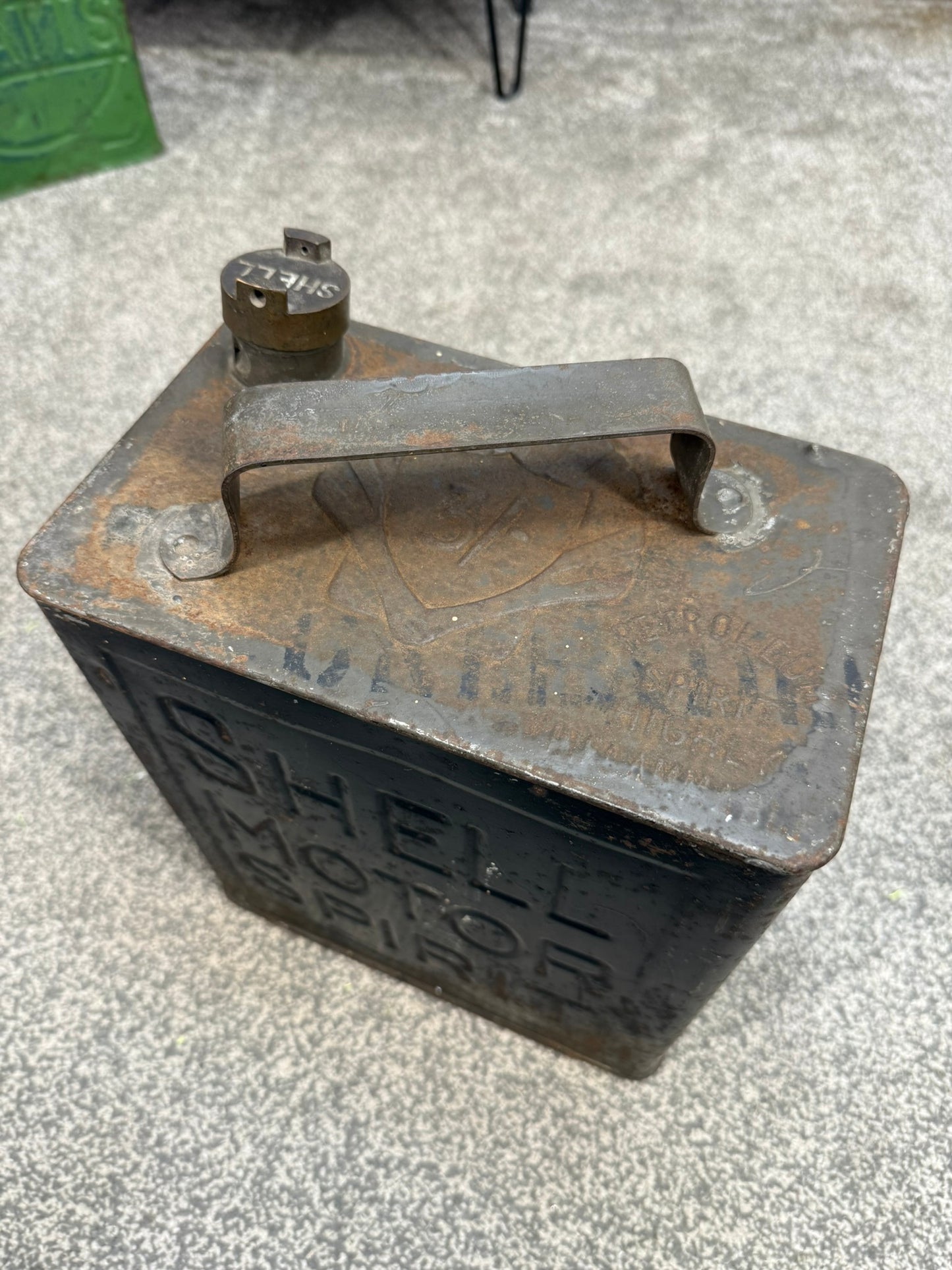Vintage Shell Motor Spirit Petrol Can with Shell Brass Cap Dated 1949