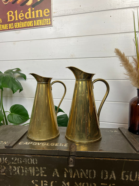 2x Vintage Brass Jug Pitcher Vase Joseph Sankey J.S & S Boho Art Nouveau Antique Deco