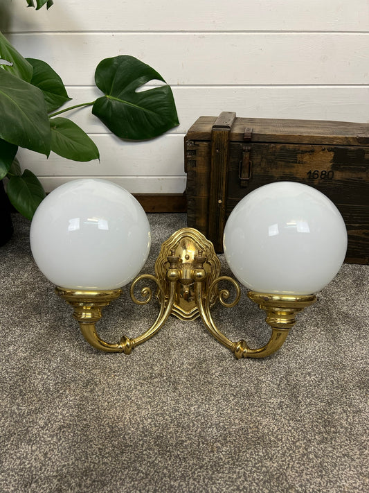 Vintage Brass Ornate Double Wall Lights With Glass Globes 20th Century Art Deco