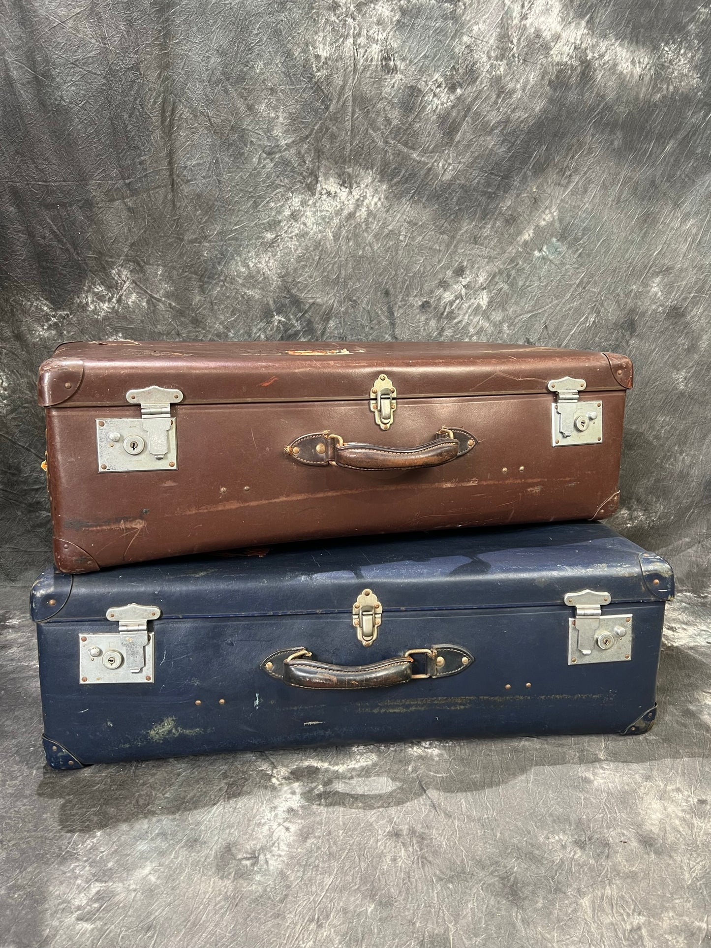 Pair of Vintage Globe Trotter Hard Case Suitcase Travel Labels Trunk Boho Décor Display Prop
