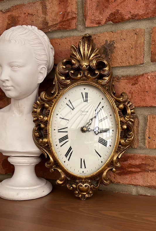 Vintage Baroque French Gilt Vedette Quartz Wall Clock Art Nouveau Boho Decor