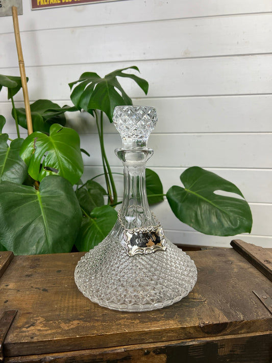 Vintage Cut Glass Ships Decanter With Cognac Silver Plated Chain