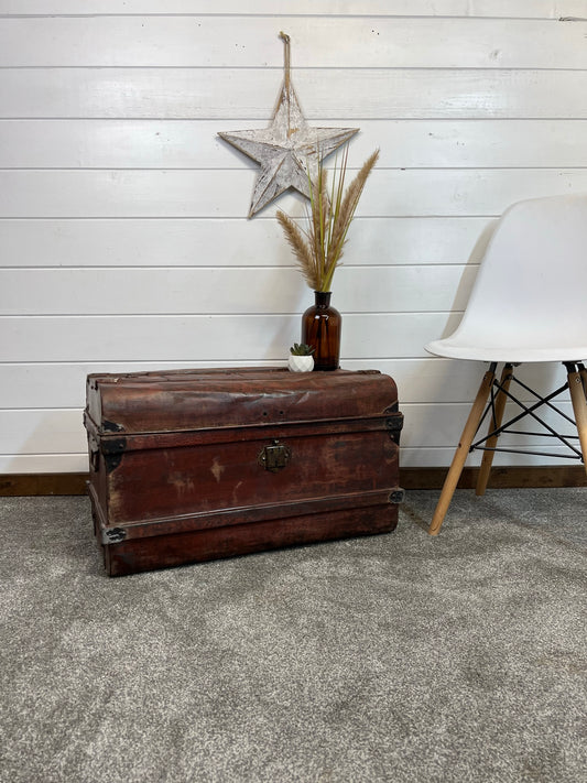 Vintage Metal Brown Travel Trunk Rustic Coffee Side Table Original Storage Steamer Chest