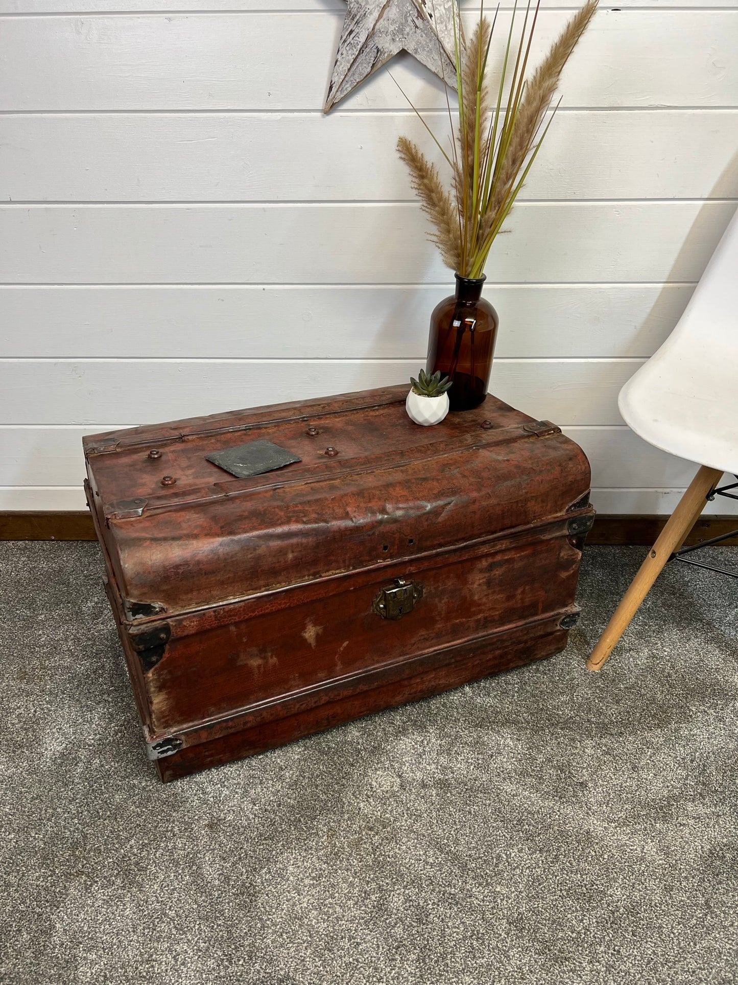 Vintage Metal Brown Travel Trunk Rustic Coffee Side Table Original Storage Steamer Chest