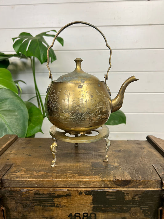 Vintage 70's Etched Brass Teapot Kettle & Trivet Stand Home Kitchen Decor