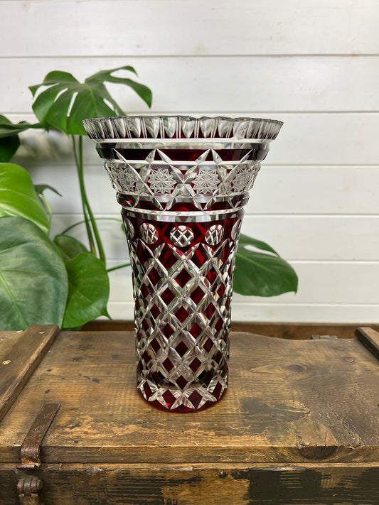 Vintage Ruby Red Cut to Clear Large Vase Art Deco Bohemian Decor