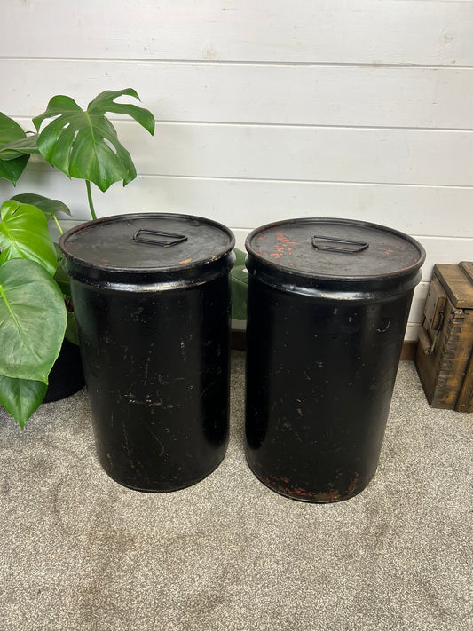 2x Small Metal Drums With Lids Vintage Display Storage Upcycle Stools Industrial Decor