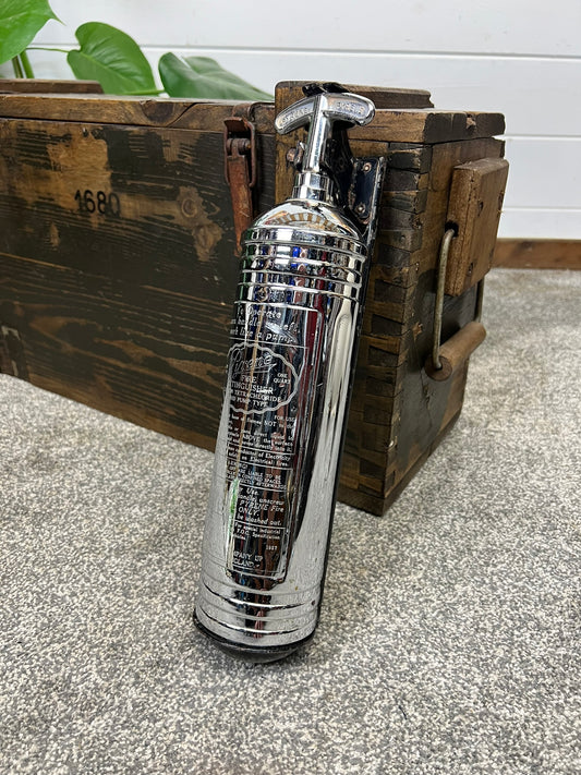 Vintage Chrome Pyrene Fire Extinguisher & Bracket Classic Car Old Retro Display Workshop Deco