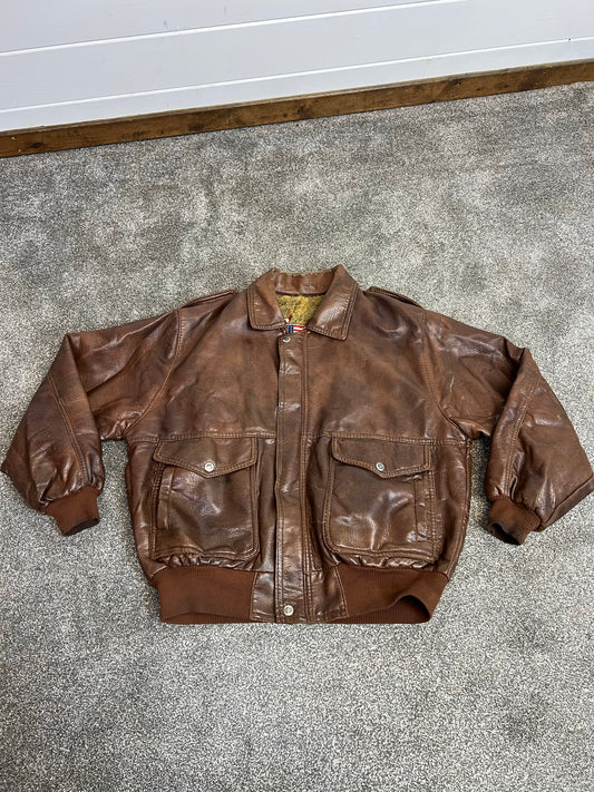 Vintage U.S Army Style B2 Aviation Brown Leather Jacket - Large