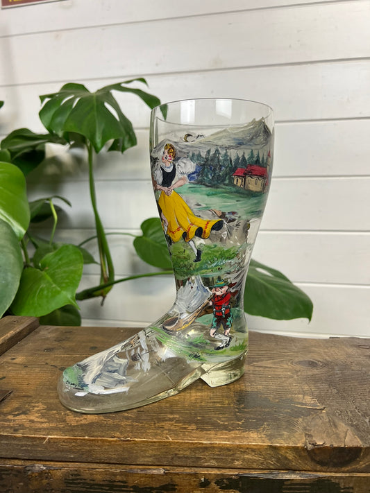 Vintage Glass Beer Boot Hand Painted German Folk Dancing Scene Quirky Display