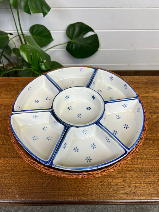 Vintage Ceramic Cobalt And White Serving Dish Tidbit Bowl In Wicker Basket