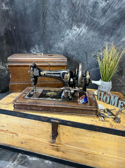 Vintage Frister & Rossmann Sewing Machine Dates 1909 Hand Crank With Wooden Case