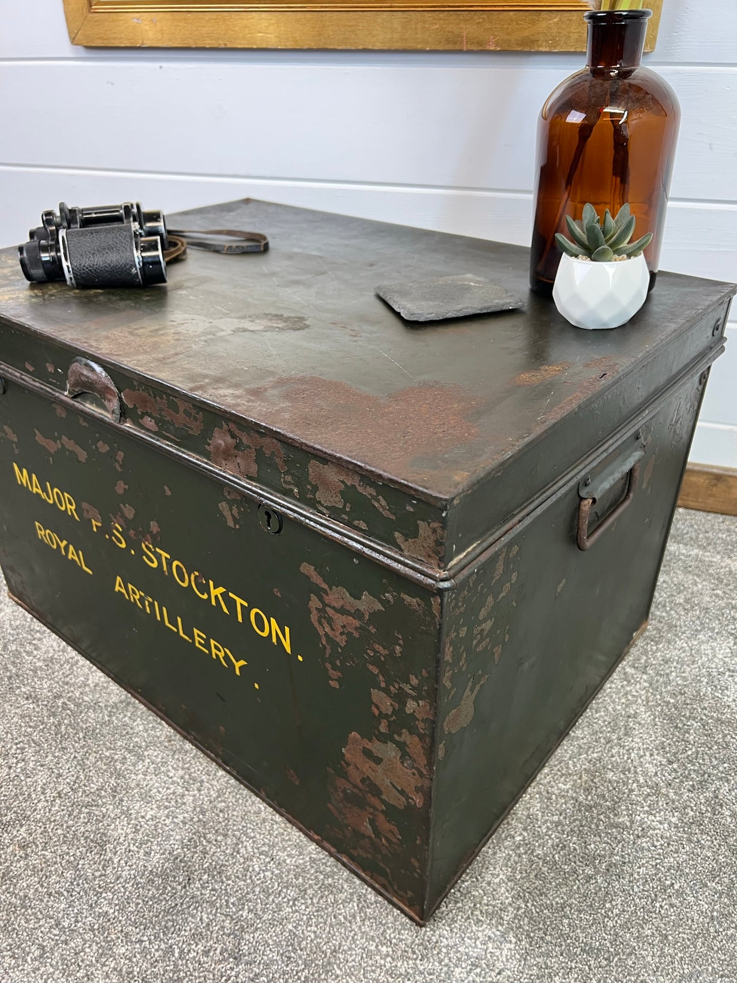 Vintage Military Metal Industrial Travel Trunk Chest Royal Artillery Deed Box Rustic Home Coffee Table