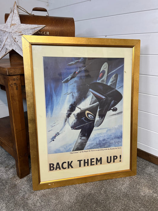 Vintage WW2 Propaganda Poster Print RAF Hurricane Plane Back Them Up!