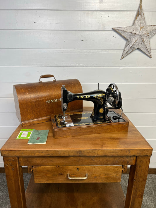 Vintage Singer Sewing Machine Hand Crank 128K Dates 1955 With Wooden Case Working Condition