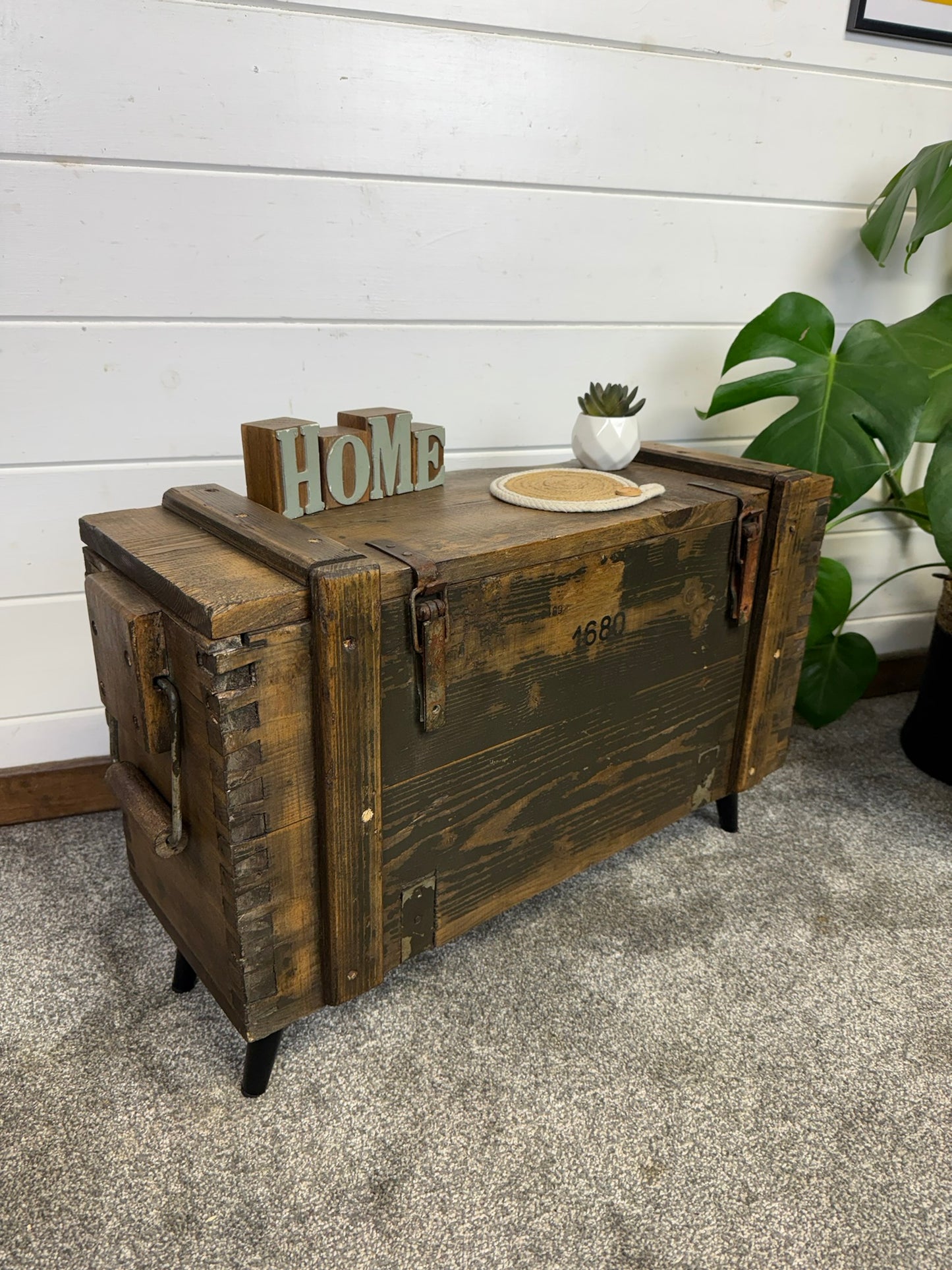 Vintage Wooden Ammo Chest Side Table Quirky Rustic Industrial Home Coffee Table