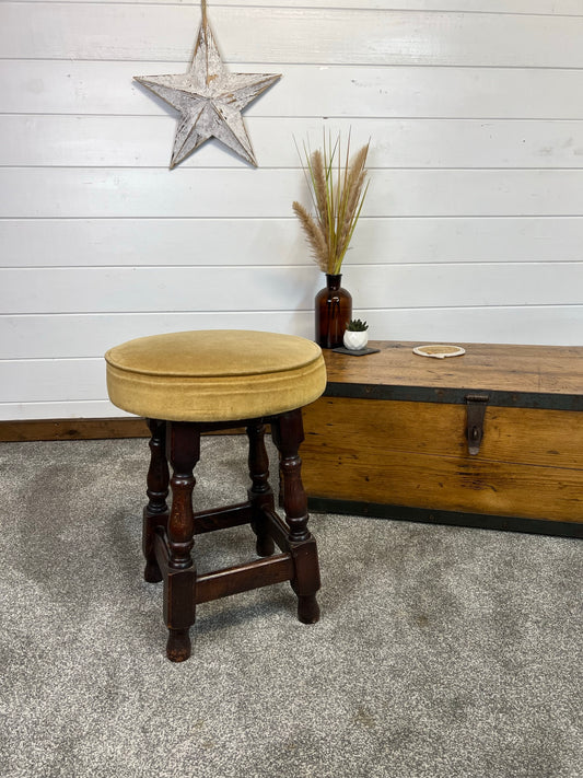 Vintage Circular Low Bar Stool With Green Velvet Cushion Rustic Farmhouse Boho Bedroom