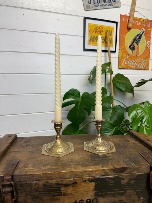 Vintage Indian Brass Candlestick Candle Holder PAIR Boho Art Deco Vintage Home Decor