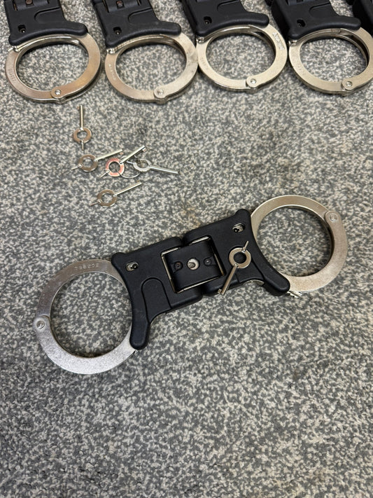 Ex Police Genuine Hiatt Folding Hinged Handcuffs & Key Security Collectible Memorabilia Restraint