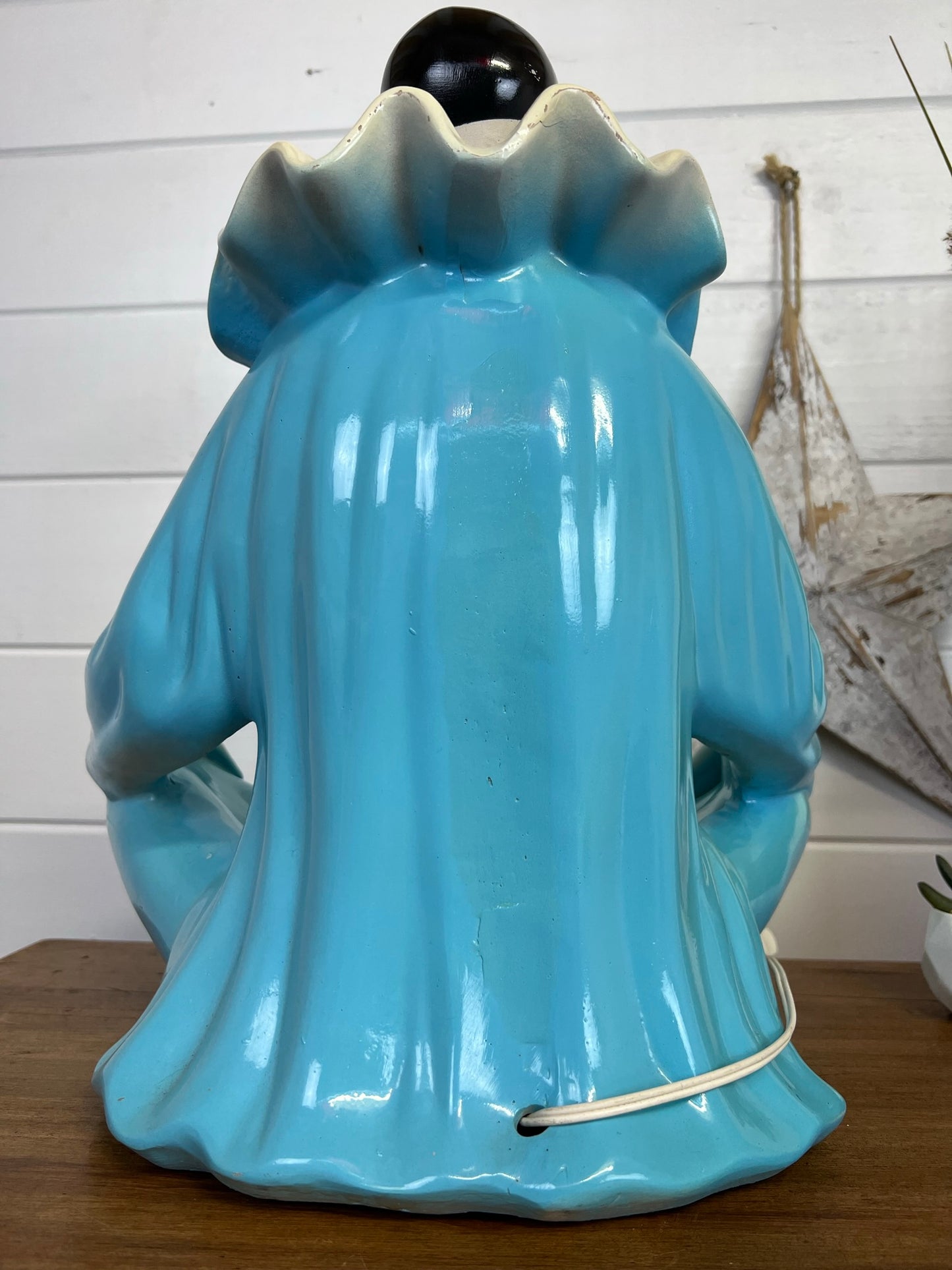 Vintage Art Deco Ceramic Blue PIERROT Table Lamp with Glass Globe Boho 1960s