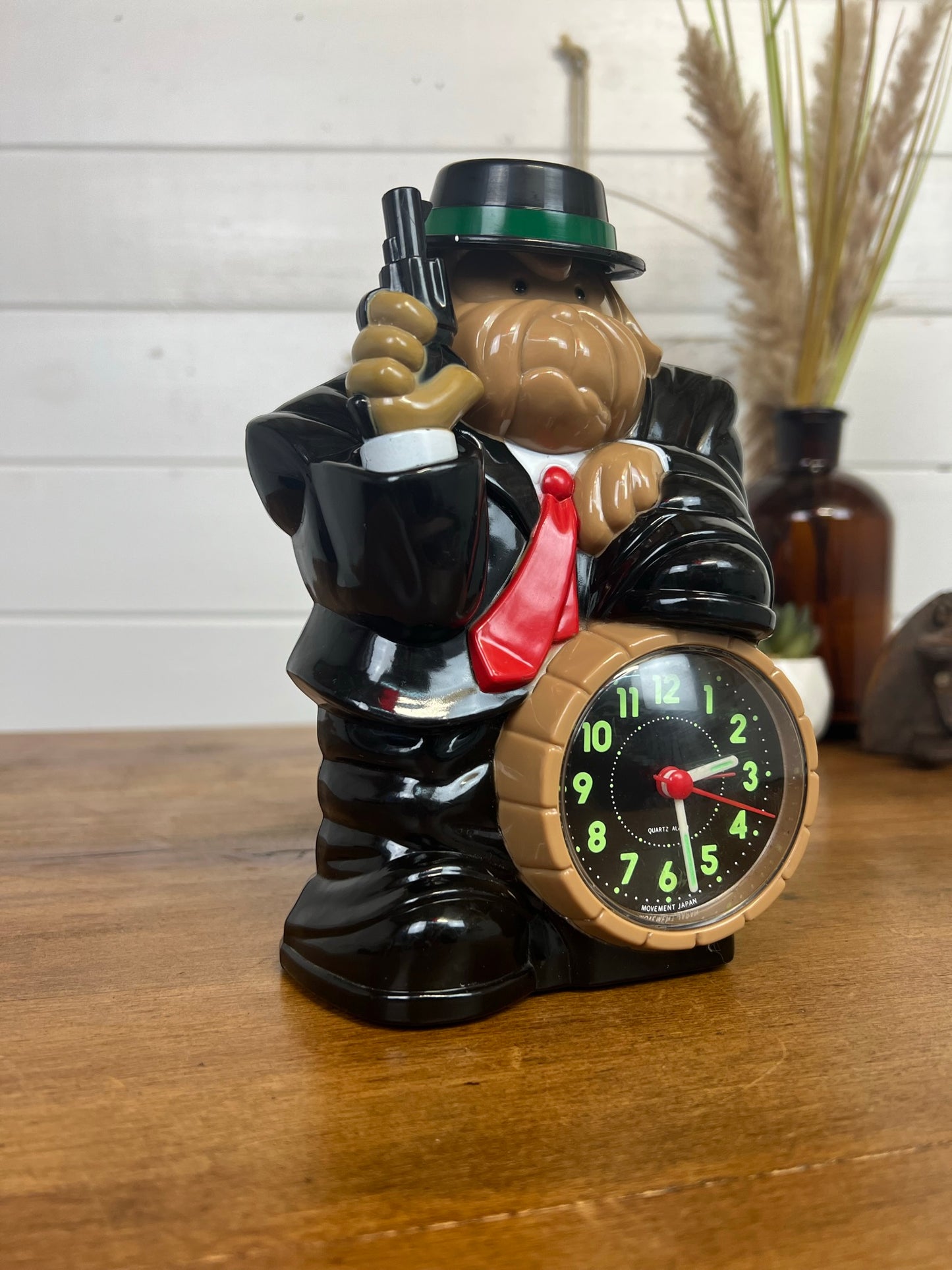 Vintage Gangster Bulldog In Tuxedo Quartz Alarm Clock Japan Retro Novelty