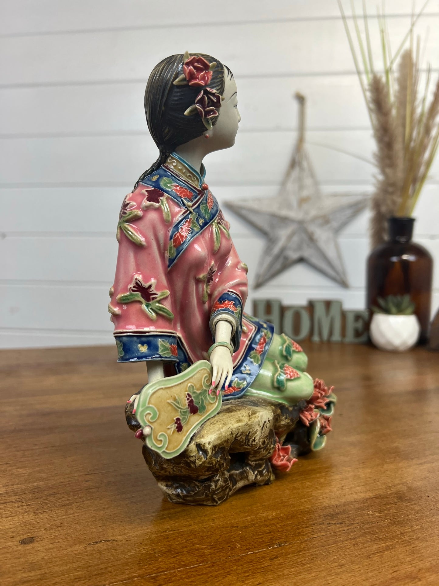 Chinese Shiwan Wucai Porcelain Pottery Ceramic Lady Flower Figurine Statue