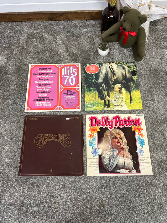 4x Vintage LP Vinyl Record Job Lot Carpenters, Dolly Parton, Black Beauty, Hits '70