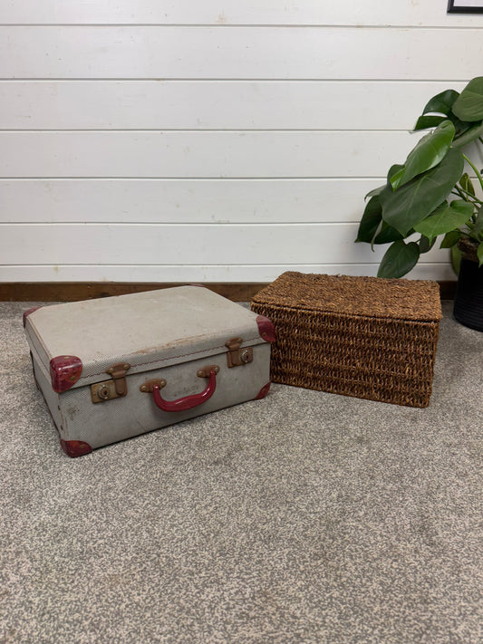 Vintage Suitcase & Wicker Basket Job Lot Boho Retro Industrial Decor Photo Prop Display