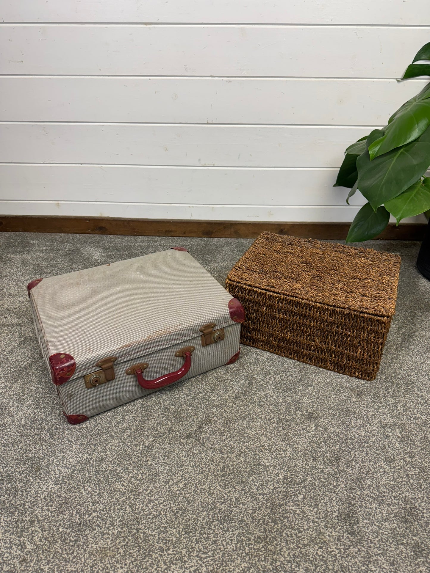 Vintage Suitcase & Wicker Basket Job Lot Boho Retro Industrial Decor Photo Prop Display