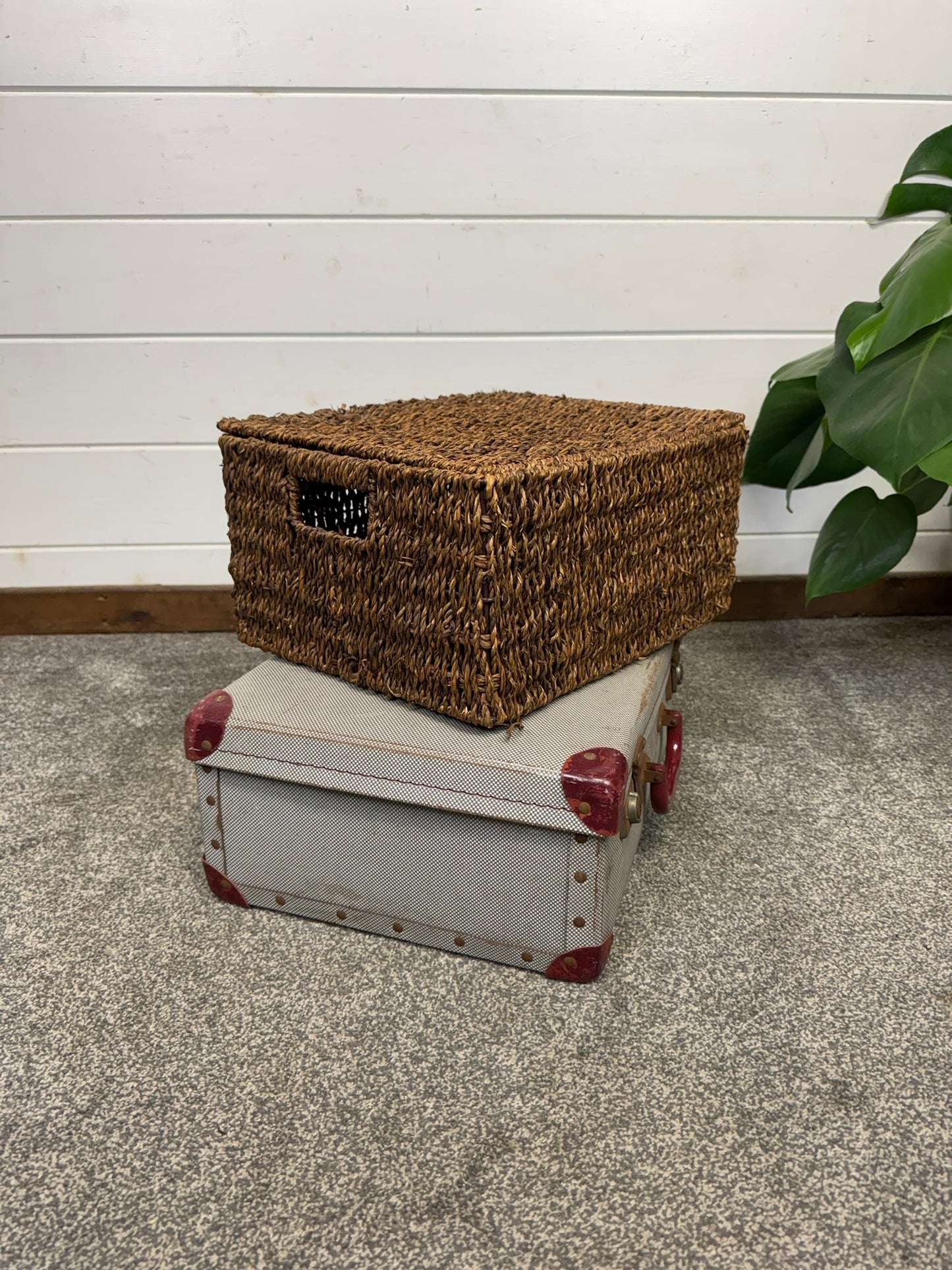 Vintage Suitcase & Wicker Basket Job Lot Boho Retro Industrial Decor Photo Prop Display