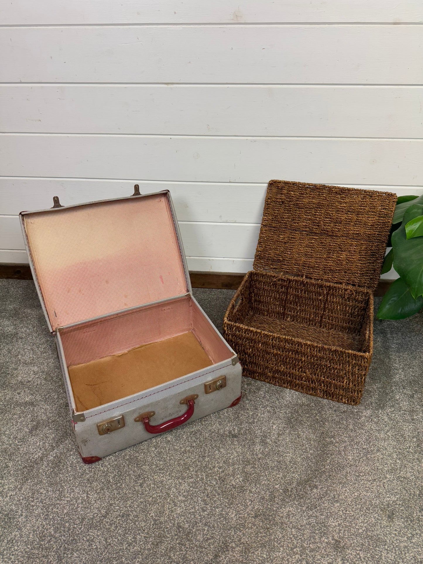 Vintage Suitcase & Wicker Basket Job Lot Boho Retro Industrial Decor Photo Prop Display