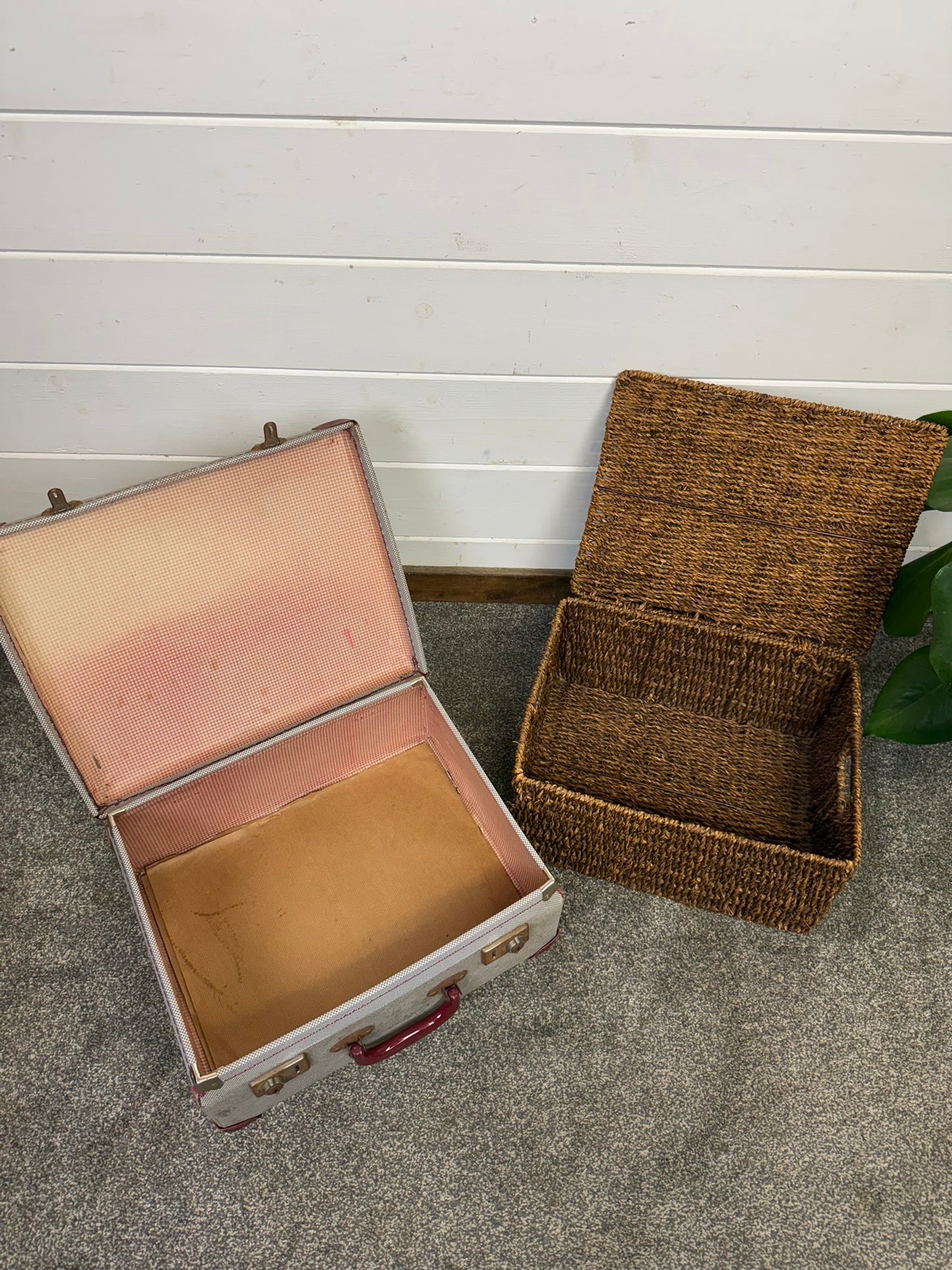 Vintage Suitcase & Wicker Basket Job Lot Boho Retro Industrial Decor Photo Prop Display