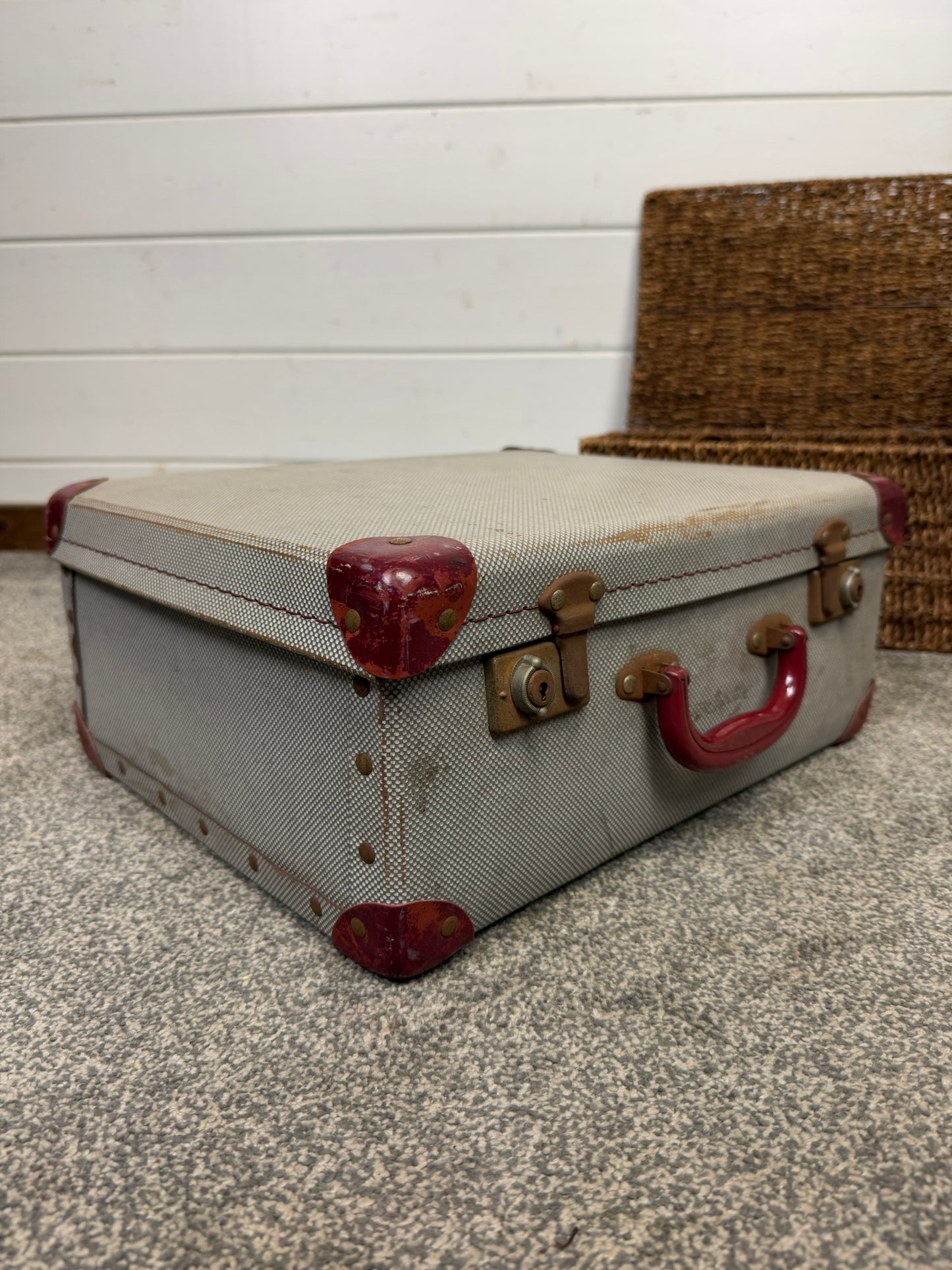 Vintage Suitcase & Wicker Basket Job Lot Boho Retro Industrial Decor Photo Prop Display