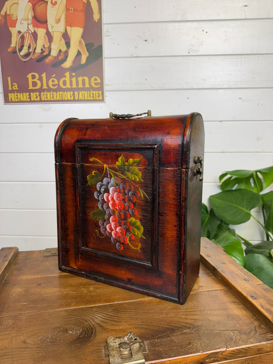 Vintage Wooden Wine Box Chest Triple Bottle Hinged Hand Painted Decorative Display