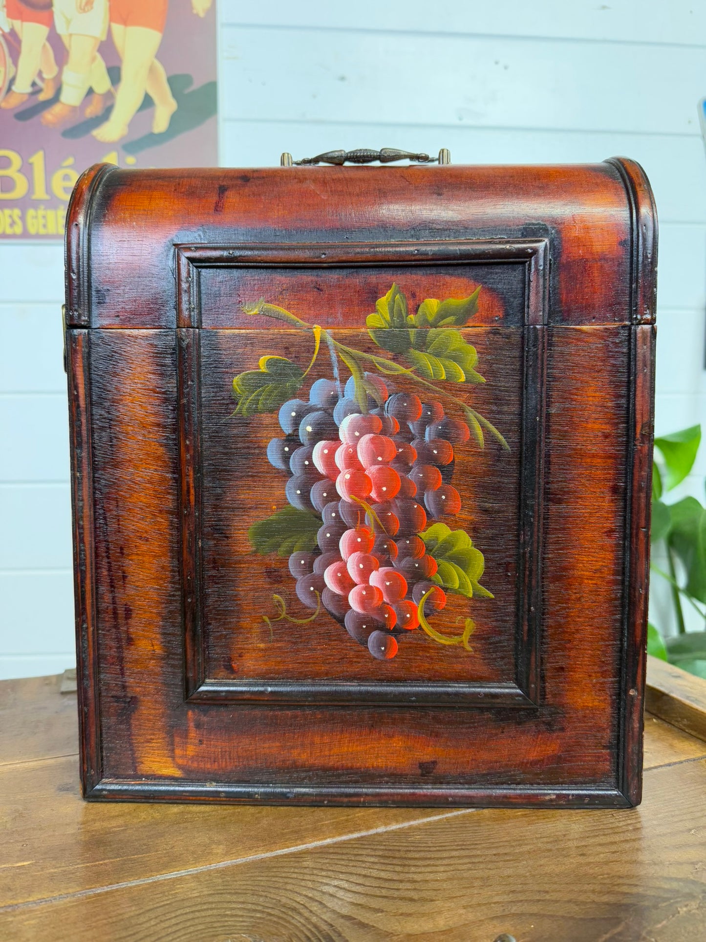 Vintage Wooden Wine Box Chest Triple Bottle Hinged Hand Painted Decorative Display