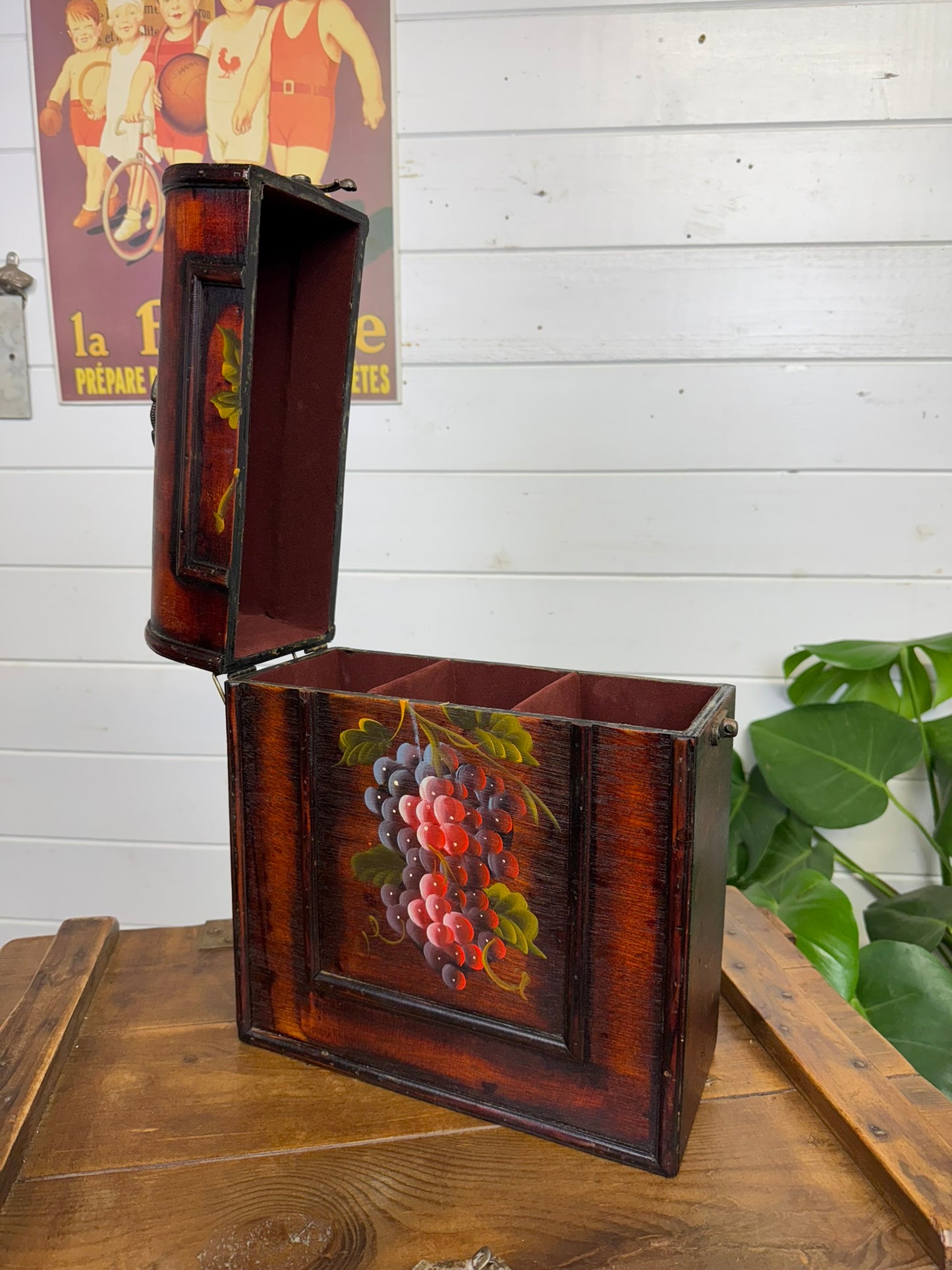 Vintage Wooden Wine Box Chest Triple Bottle Hinged Hand Painted Decorative Display