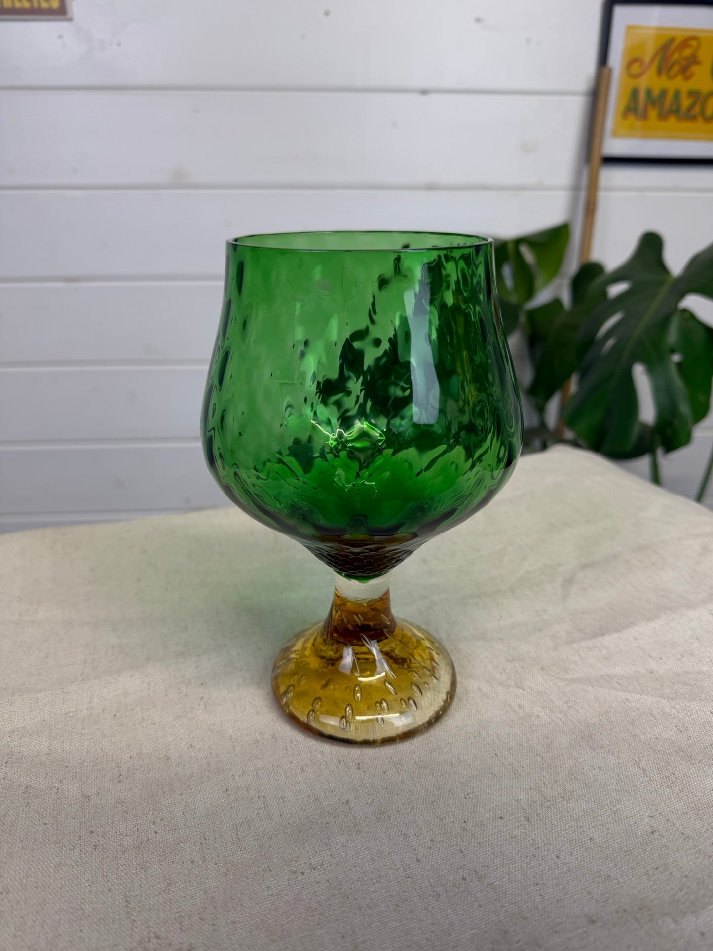 Vintage Green Glass Vase 1960's Glass Goblet Mid Century Art Deco Empoli Style