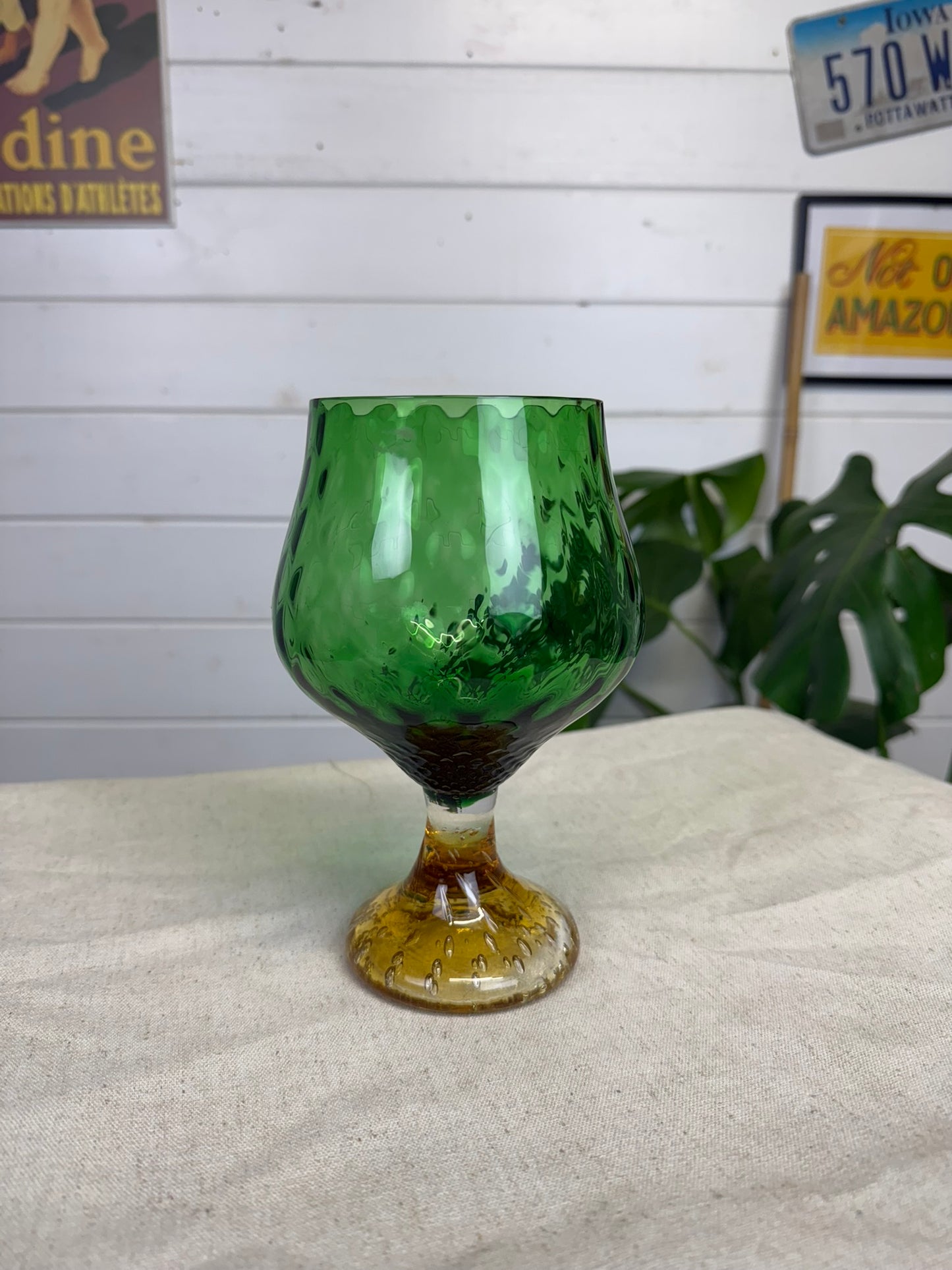 Vintage Green Glass Vase 1960's Glass Goblet Mid Century Art Deco Empoli Style