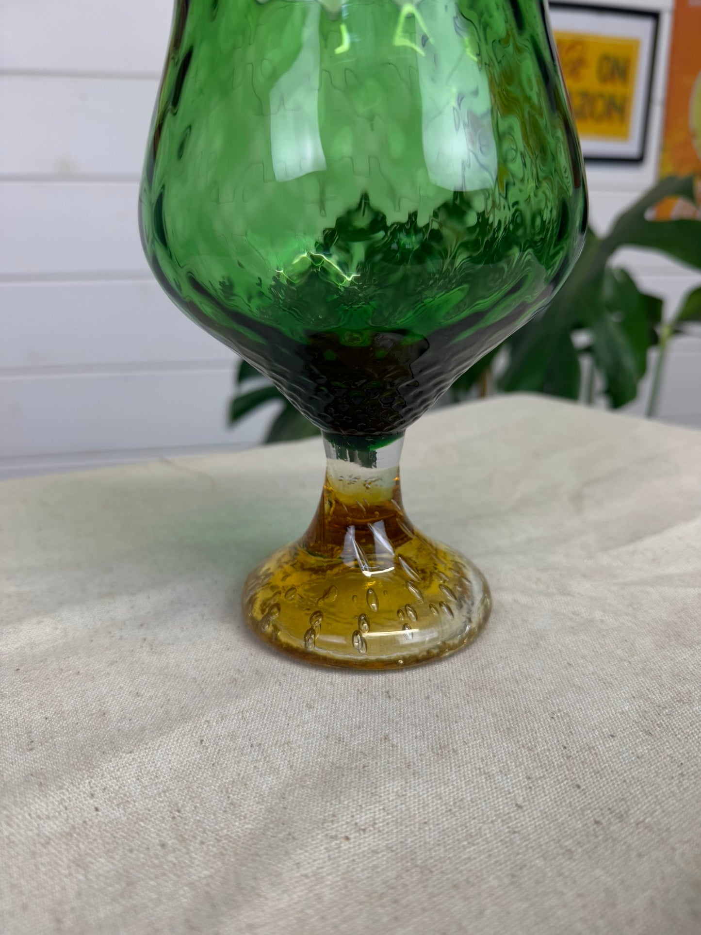 Vintage Green Glass Vase 1960's Glass Goblet Mid Century Art Deco Empoli Style