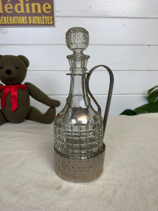 Vintage Cut Glass Whiskey Decanter With Silver Plate Caddy