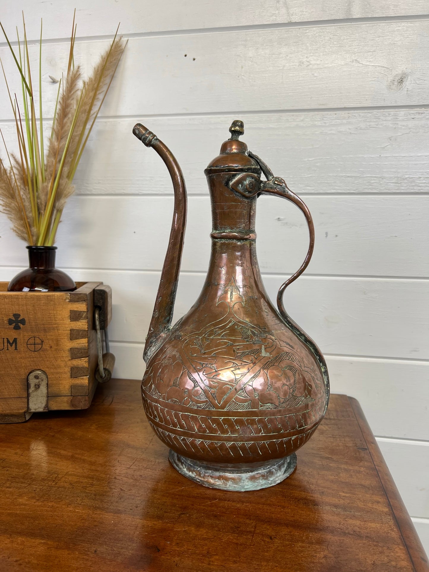 Vintage Middle Eastern Copper Coffee Pot Decorative Antique Arabic Art Deco
