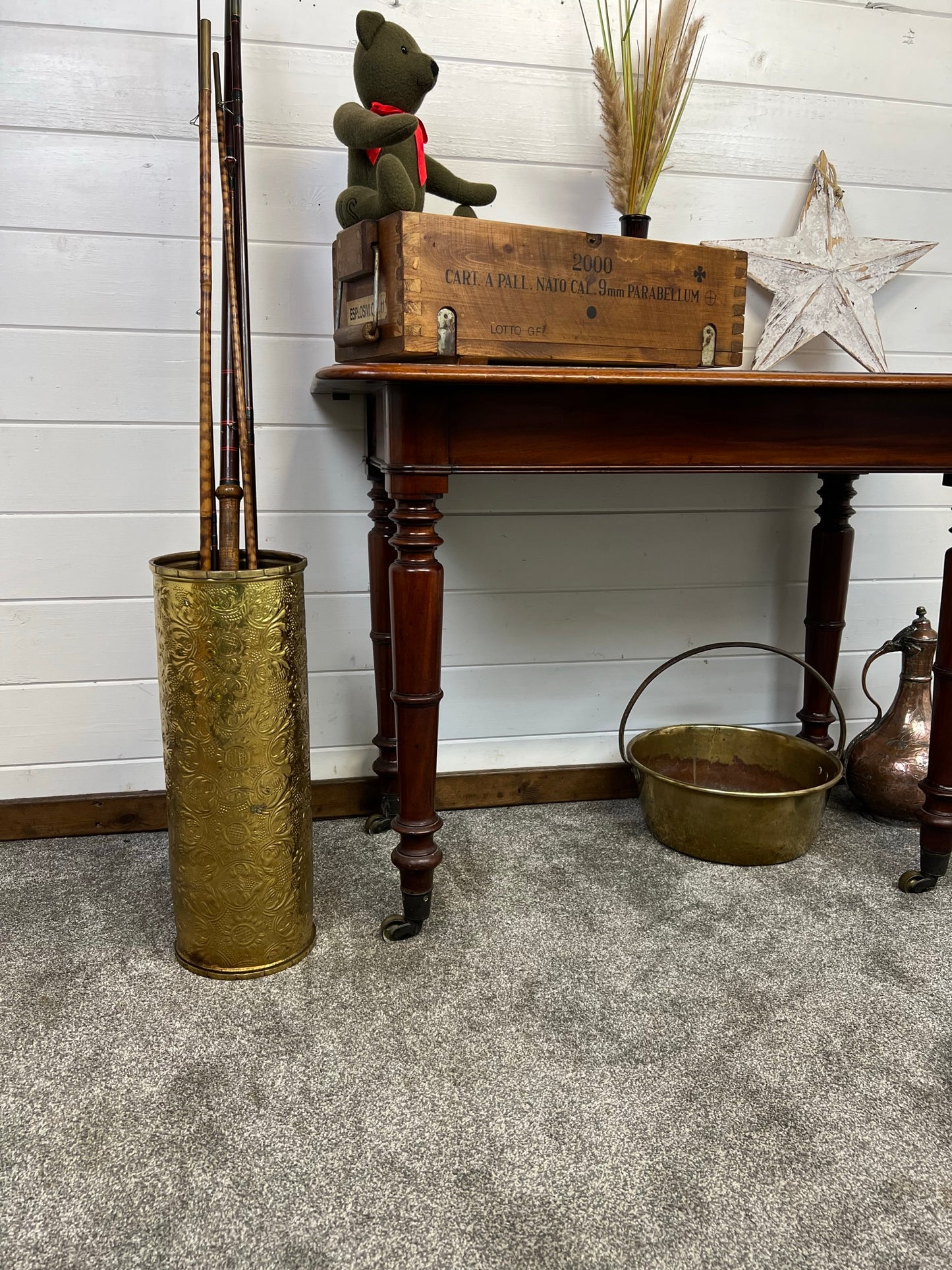 Vintage Brass Umbrella Stand Walking Stick Cane Holder Farmhouse Country Home