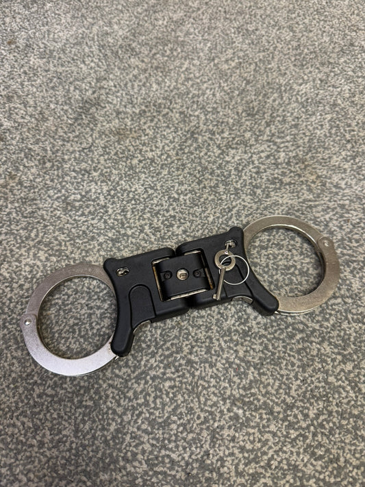 Ex Police Folding Hiatt Handcuffs Hinged Cuffs & Key Security Collectible