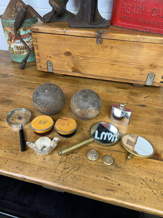 Vintage Job Lot Quirky Mixed Bundle Mirror Bowling Balls Brushes Brass Decorative Props Decor